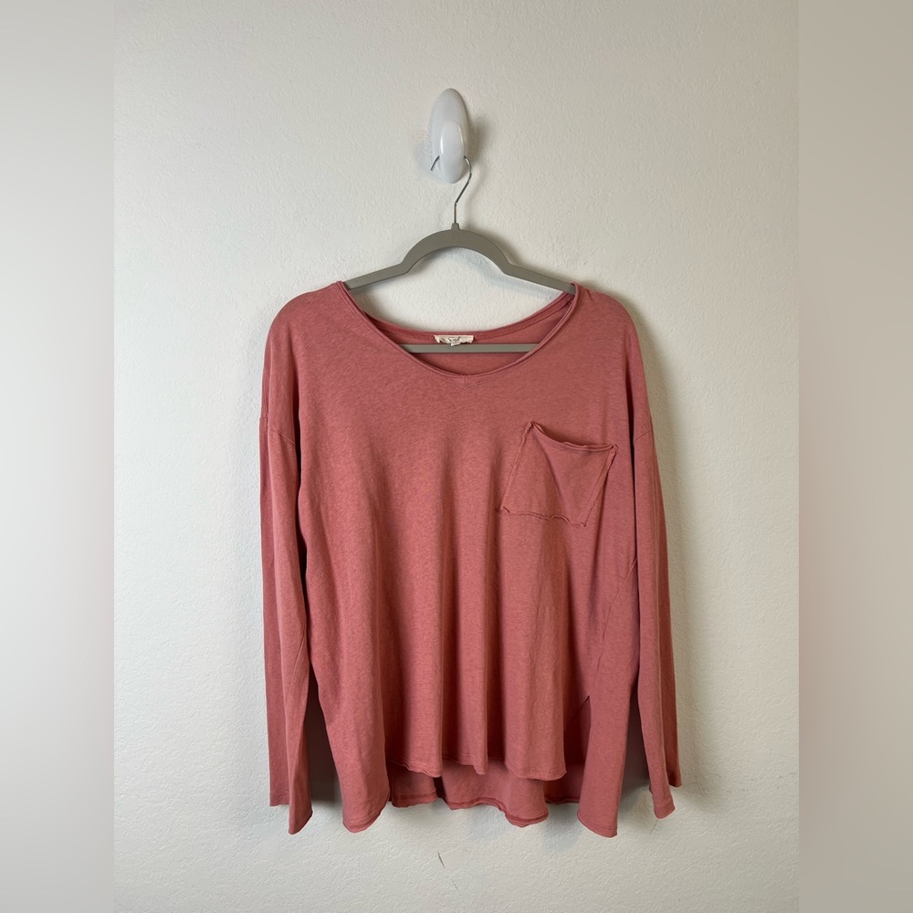 Easel Cotton Dusty Rose Long Sleeve V-Neck Cotton Raw Seam Tee Shirt